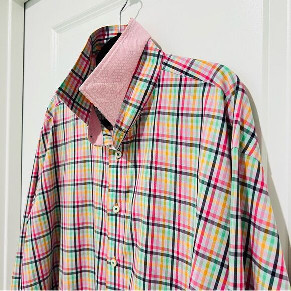 Thomas Dean Men’s Pink Plaid Contrast Cuffs Button Up Shirt Sz. 2XLT Pima Cotton - Picture 4 of 13